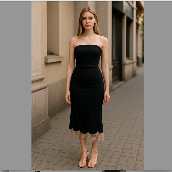 MAC DUGGAL Dress Size 2 Evening Gown NEW Black Midi Strapless Rhinestone Fringe - Picture 1 of 6
